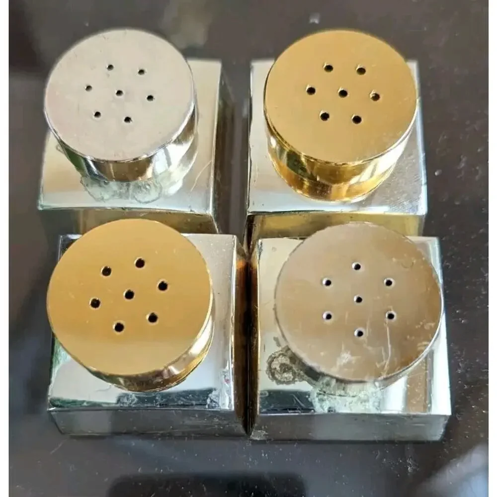 MCM Atomic Chrome Gold Salt Pepper Shakers Set Japan 1960s Mod Cube